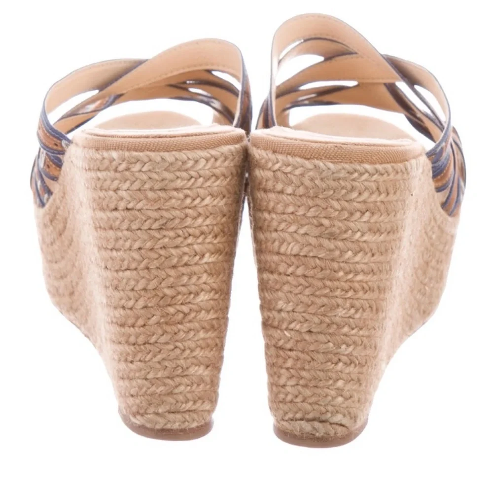Christian Louboutin Navy and Tan Woven Espadrille Wedge Slides